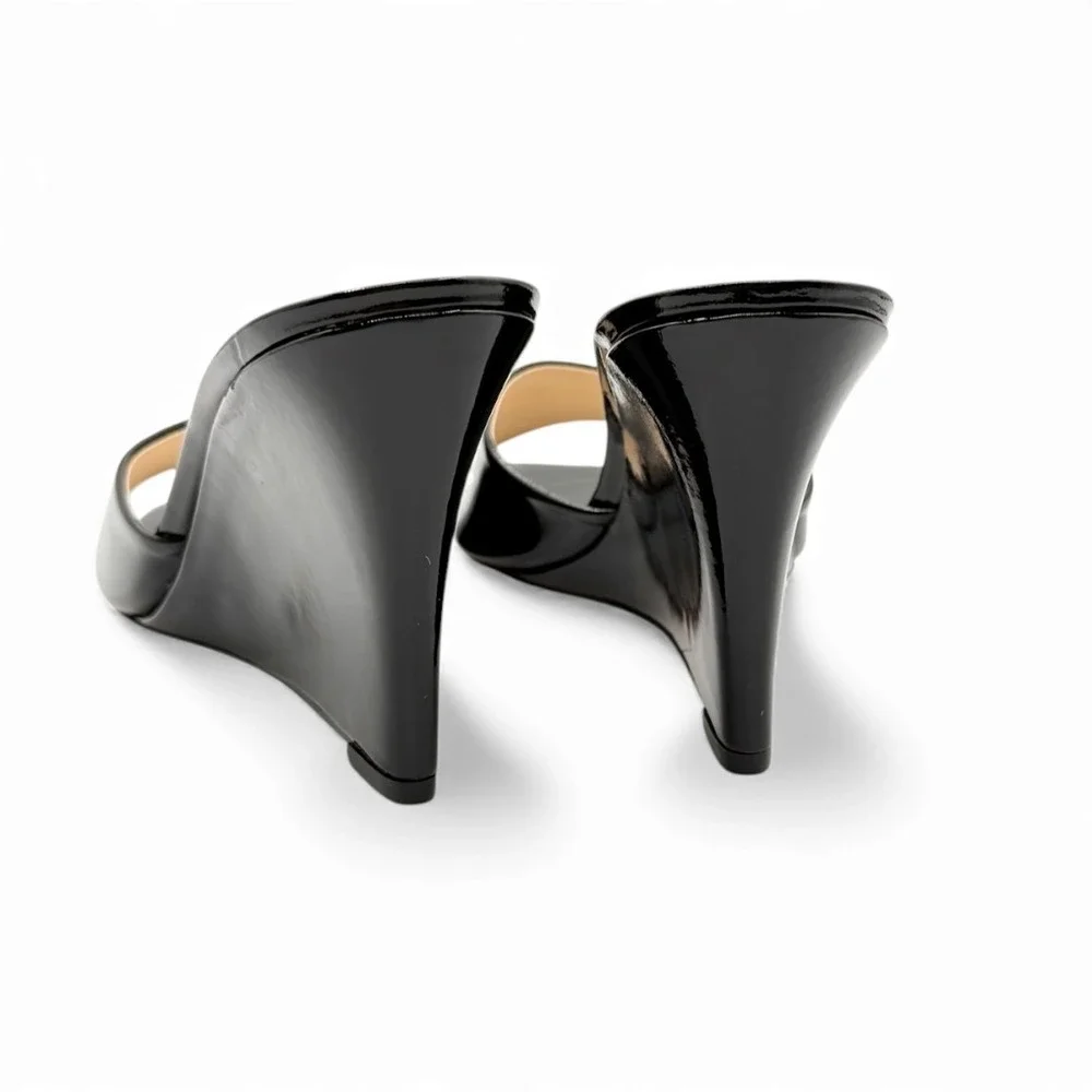 Maeve Anthropologie‎ Black Patent Leather Square Toe Wedge Mule Heels 10